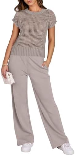 ANRABESS Women Two Piece Outfits Crochet Sheer Knit Sweater Top Wide Leg Pants Lounge Matching Sets Sweatsuit Travel Clothes - Image 3