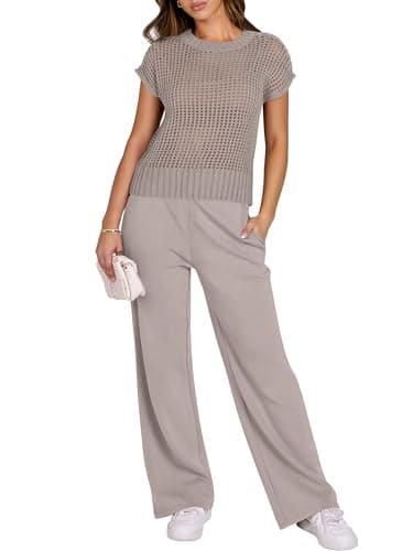 ANRABESS Women Two Piece Outfits Crochet Sheer Knit Sweater Top Wide Leg Pants Lounge Matching Sets Sweatsuit Travel Clothes light khaki Medium - Image 2