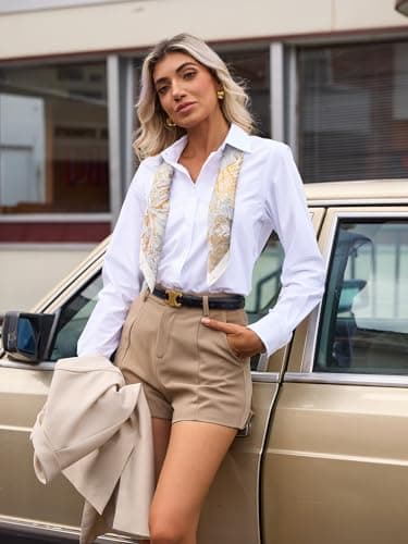 Button Down Shirts for Women Fitted Dress Shirt Long Sleeve Collared Blouse Work Business Office Attire Fall Outfits - All White M - Image 3