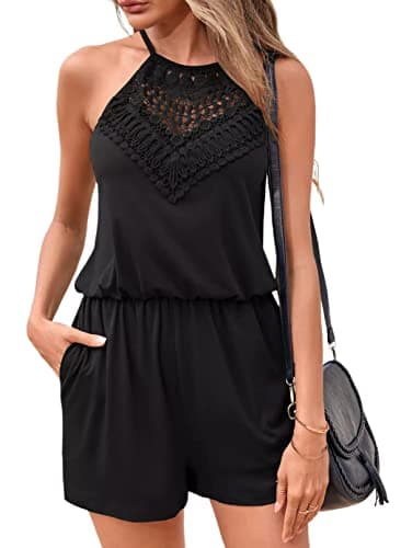 Miladusa Womens Rompers Casual Summer Rompers Short Halter Jumpsuits Solid Color Elastic Waist Outfits with Pockets - Image 1
