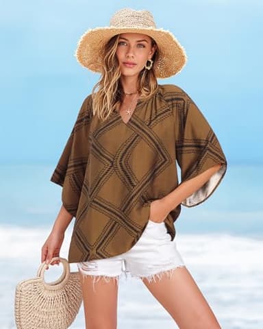 Bebonnie Womens 3/4 Sleeve V Neck Bohemian Peasant Blouses Casual Loose Fit Tunic Tops Diamond Brown XXL - Image 4