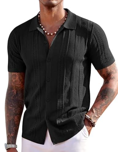 COOFANDY Men's Short Sleeve Knit Shirts Vintage Button Down Polo Shirt Casual Beach Tops, Black, Large - Image 1