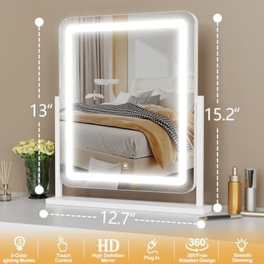 Lighted Makeup Mirror, Hollywood Vanity Mirror with Lights, Three Color Lighting Modes, and Detachable 10X Magnification Mirror, Smart Touch Control, 360°Rotation (15.2in. Gold) - Image 7