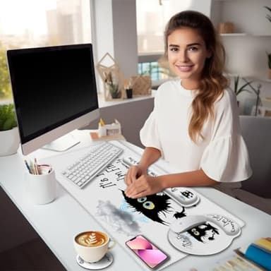 LIMKRIAN Desk Mat Set, Large Gaming Mouse Pad with Wrist Rest, Ergonomic Mouse Pad Keyboard Mat Wrist Support, Cup Coaster, Home Office Desk Accessories Decor Supplies, Funny Black Cat - Image 2