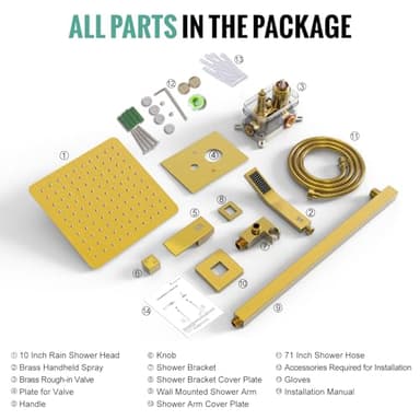 SR SUN RISE Shower Faucets Sets Complete Brushed Gold Square Rain Shower Head with Handheld Spray All Metal Shower Faucet Trim Repair Kits (Contain Shower Valve) - Image 9
