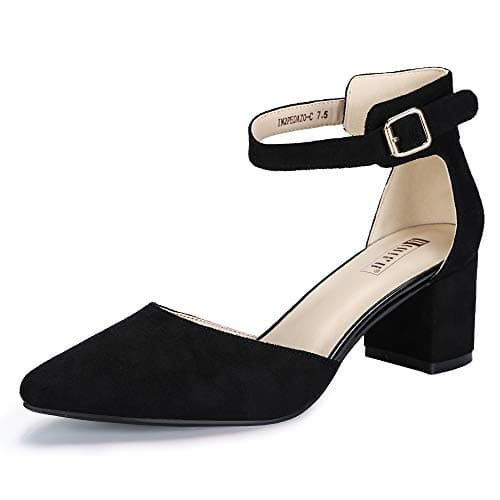 IDIFU Women's IN2 Pedazo Dress Shoes Low Block Heels Comfortable Chunky Closed Toe Ankle Strap Wedding Pumps(Black Suede, 9 B(M) US) - Image 1