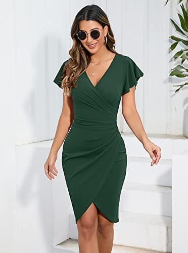 Machico Womens Slimming Wrap Cocktail Short Dress for Women Stretchy Ruched Dresses for Wedding Guest Dark-Green - Image 2