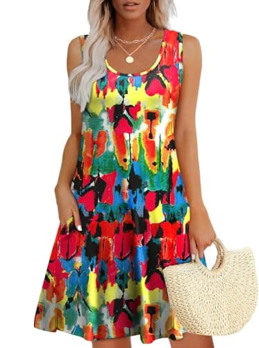 WEESO Spring Dresses for Women 2025 Flowy Crew Neck Sleeveless Dress Sundresses with Pockets Floral Graffiti XL - Image 1