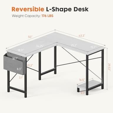 Sweetcrispy L Shaped Computer Desk - Gaming Corner 50 Inch PC White Writing Study Student Table with Wooden Desktop CPU Stand Side Bag Reversible for Home Office Room Small Space, Black - Image 3
