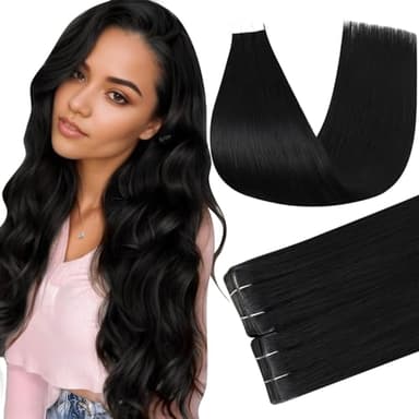 Full Shine Tape in Extensions Color 1 Jet Black Injection Human Hair Extensions Straight Machine Remy Insert Tape in Hair for Women 24Inch Seamless Skin Weft 50Gram 20Pcs Natural Invisible - Image 1