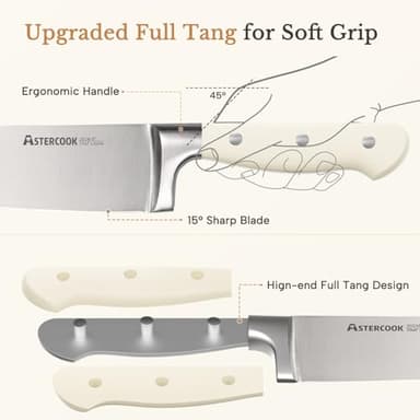 Knife Set,Astercook Kitchen Knife Set with Block 14-Piece Full Tang Stainless Steel Knives with Sharpener Dishwasher Safe and Anti-Slip Ergonomic Handle Elegant Cream White Utensils Set - Image 5