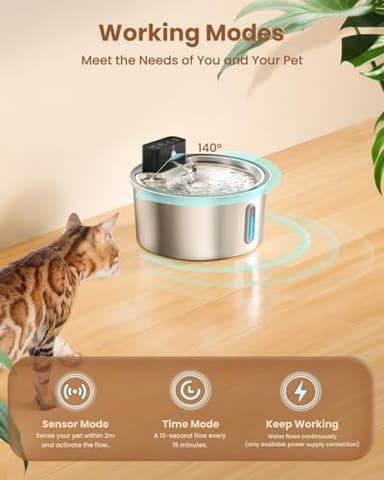 PawPoll Wireless Cat Water Fountain Stainless Steel - 3.2L/108oz Cordless Pet Water Fountain Battery Operated Cats Water Dispenser Silent Rechargeable Automatic Fountain with 6 Filters 3 Sponges - Image 3