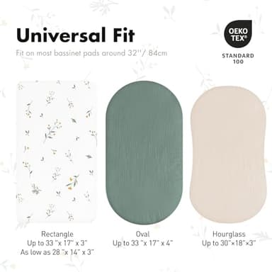 Gllquen Baby Muslin Bassinet Sheets 3 Pack, Breathable Elastic Cozy Fitted Cotton Bassinet Mattress Sheet for Baby Boy Girls, Fit for Hourglass Oval Rectangular Cradle Pad Sheets 33"x17" (Green) - Image 5