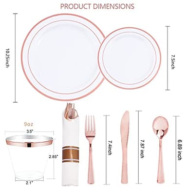 WELLIFE 350 Pieces Rose Gold Plastic Dinnerware, 50 Guests Disposable Plates with Rose Gold silverware and Cups, 50 Pre Rolled Napkins with Cutlery, Perfect for Wedding and Party - Image 2
