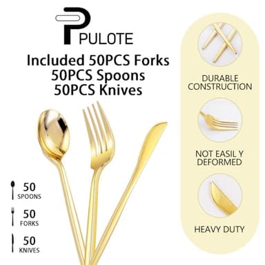 PULOTE 150PCS Gold Plastic Silverware Disposable - Heavy Duty Gold Plastic Cutlery - Gold Plastic Utensils Set Include 50 Knives,50 Forks,50 Spoons for Party&Wedding - Image 7