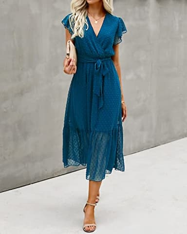 BTFBM Women Summer Bohemian Floral Casual Wrap V Neck Ruffle Cap Sleeveless Belt A-Line Pleated Hem Swing Midi Sun Dress (Swiss Dot Lake Blue, l) - Image 6
