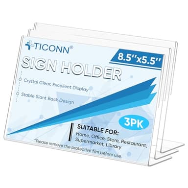 TICONN 8.5 x 5.5 Acrylic Sign Holder, L Shape Clear Sign Stand for Displaying, Plastic Paper Holder for Office, Store, Restaurant (Horizontal 3 Pack) - Image 1