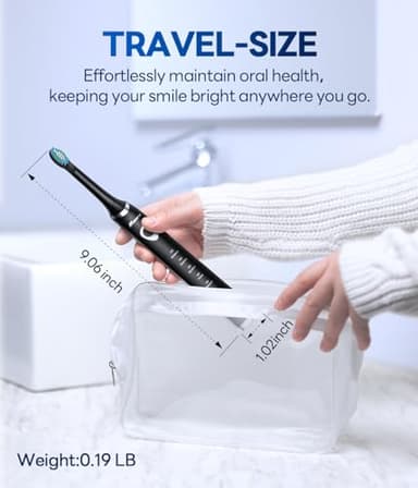Bymore Electric Toothbrush for Adults,Travel Sonic Toothbrush with 8 Replacement Heads, Ultra Clean Rechargeable Toothbrush Portable One Charge for 330days 5 Modes 2mins Timer-Black - Image 7