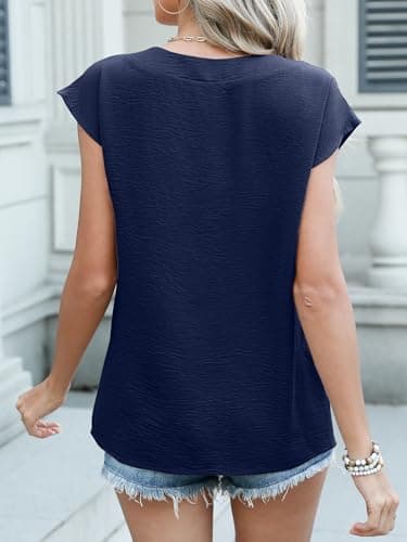 ANRABESS Women Tops Cap Sleeve Textured Dressy Casual V Neck Shirts 2025 Summer Business Work Blouses Outfits Navy Blue X-Large - Image 5
