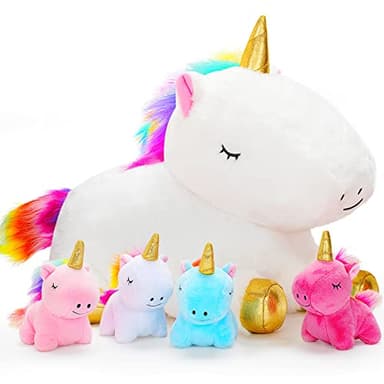 KMUYSL Toys for Girls Ages 3 4 5 6 7 8+ Years - Unicorn Mommy Stuffed Animal with 4 Baby Unicorns in Her Tummy, Soft Unicorn Plush Toys Set, Christmas Birthday Gifts for Baby, Toddler, Kids - Image 1