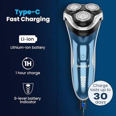 SweetLF Electric Razor for Men with Pop-Up Trimmer, IPX7 Waterproof Electric Shaver, Rechargeable Cordless Shavers for Men, Type-C, 120Mins Runtime, Plug & Play, Blue - Image 5