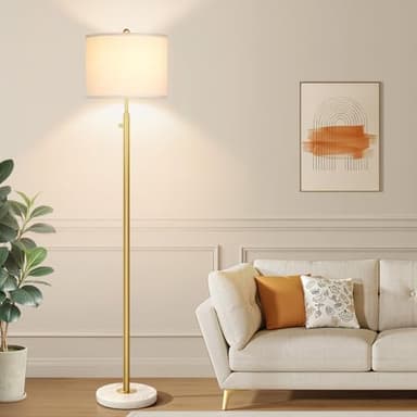 【Upgraded】Dimmable Gold Floor Lamps for Living Room, 11W LED Bulb Included, Modern Standing Lamp with Marble Base, Tall Pole Light with White Linen Shade for Bedroom Reading Office Corner Nursery - Image 6