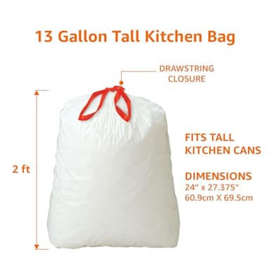 Amazon Basics Tall Kitchen Drawstring Trash Bags, Clean Fresh Scent, 13 Gallon, 80 Count (Previously Solimo) - Image 3