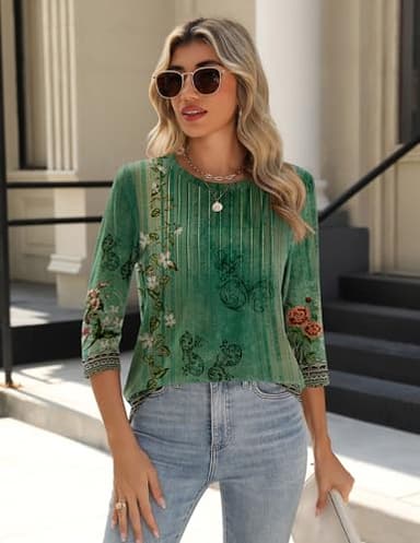 Zeagoo 3/4 Length Sleeve Oversized Tops for Women Round Neck Loose Fit Blouses Pleated Floral Print Shirts Night Out Cute Tunics - Image 3