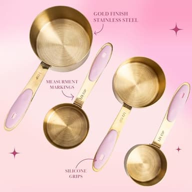 Paris Hilton Measuring Cups and Spoons Set, Stainless Steel with Pink Silicone Inset Handle, Dishwasher Safe, For Dry and Liquid Ingredients, 8-Piece Set, Gold and Pink - Image 5