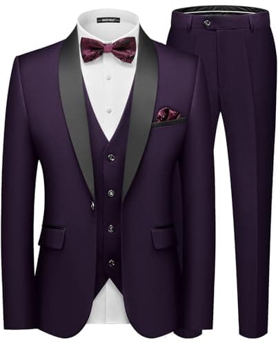 MAGE MALE Men's Slim Fit 3 Piece Suit One Button Solid Shawl Lapel Blazer Jacket Vest Pants Set with Tie Pocket Square Purple - Image 1