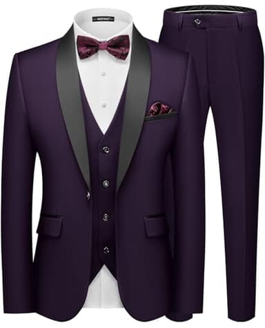 MAGE MALE Men's Slim Fit 3 Piece Suit One Button Solid Shawl Lapel Blazer Jacket Vest Pants Set with Tie Pocket Square Purple - Image 1