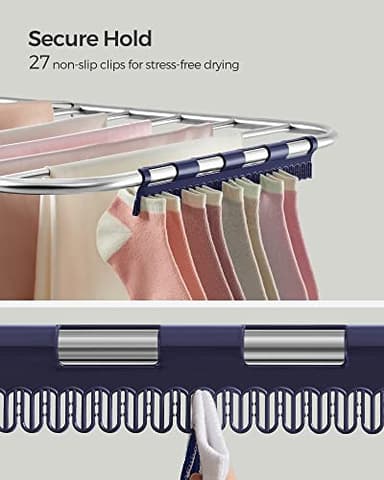 SONGMICS Clothes Drying Rack, with Sock Clips, Metal Laundry Rack, Foldable, Space-Saving, Free-Standing Airer, with 2 Height-Adjustable Gullwings, Indoor Outdoor Use, Silver and Blue ULLR52BU - Image 5