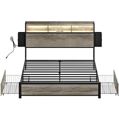 HAUSOURCE Queen Bed Frame with Bookcase Headboard and 2 Drawers LED Lights Metal Platform Non-Slip Without Noise Strong Metal Slats Support No Box Spring Needed (Greige, Queen) - Image 4