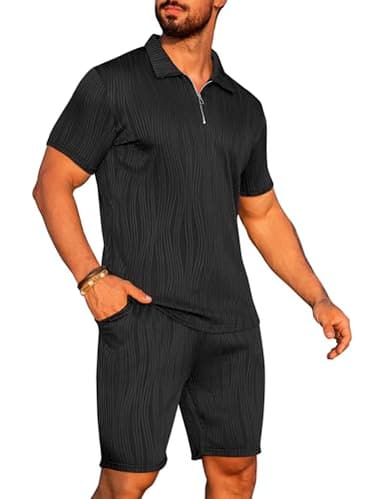 URRU Men's 2 Piece Outfits Short Sleeve Casual Zip Polo Shirt and Shorts Set Black XL - Image 1