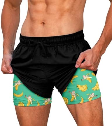 Cozople Swim Trunks Men Black and Green Bathing Suit Banana Cat Funny Party Swim Shorts Drawstring Pockets Swimwear M - Image 1