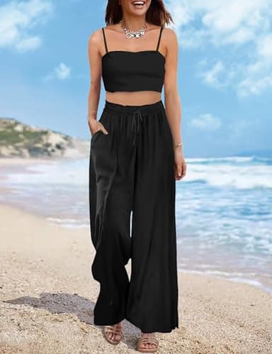 YESNO Women Summer Boho Palazzo Pants High Waist Wide Leg Floral Casual Cotton Lounge Trousers with Pockets M PP0 Solid Black - Image 2