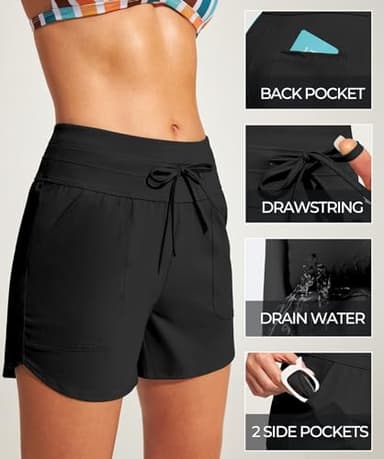 IUGA Womens 5" Swim Board Shorts Stretchy High Waisted Beach Shorts for Women Quick Dry UPF 50+ Swimsuit Bottoms with Liner Black - Image 4