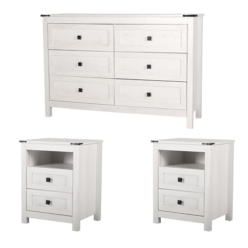 BTDWI Farmhouse 6 Drawer Dresser & 2 Nightstand Sets 3 Piece for Bedroom, Wood Dresser with Metal Handle for Bed Room, Light Beige - Image 1