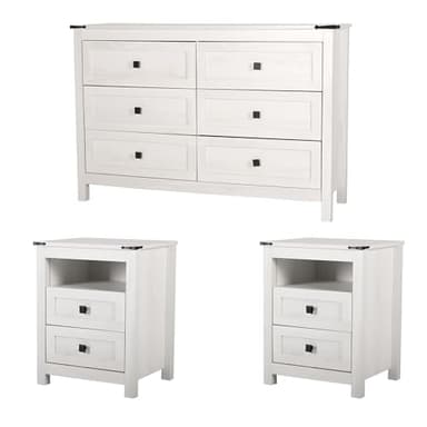 BTDWI Farmhouse 6 Drawer Dresser & 2 Nightstand Sets 3 Piece for Bedroom, Wood Dresser with Metal Handle for Bed Room, Light Beige - Image 1