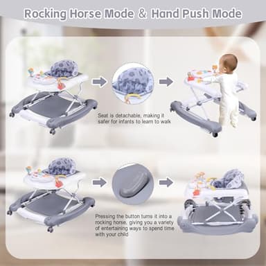 5 in 1 Foldable Baby Walker, Activity Baby Walker-Baby Bouncer, Rocker, Activity Center,Seat and Push Walker,Detachable Trampoline Mat, Adjustable Speed Rear Wheels and Height,Ages 6-18 Months(Grey) - Image 4