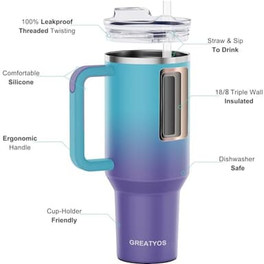 Greatyos 40 oz Tumbler with Handle and Straw Lid Insulated Tumblers Cups with Lids Straws Double Wall Vacuum Stainless Steel 40oz Tumbler Travel Mug Gifts for Men Women Him Her (Ocean Dream) - Image 2