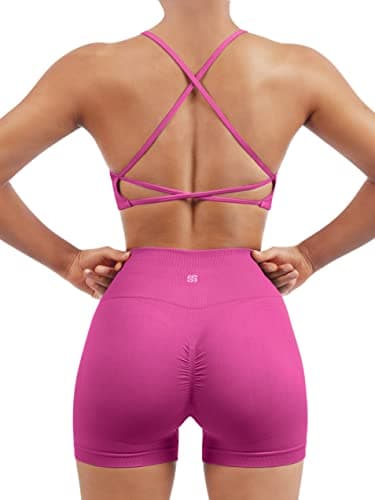 SUUKSESS Women Seamless 2 piece Workout Sets Strappy Padded Sports Bra Booty High Waisted Shorts Outfits (Hot Pink,S) - Image 1