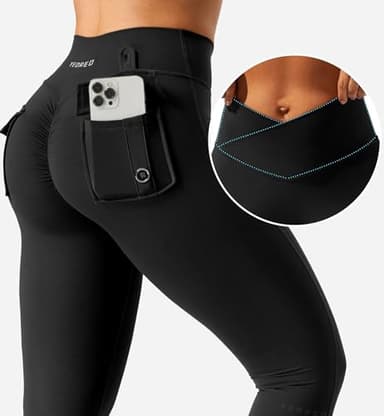 YEOREO Leggings with Pockets for Women Charm Scrunch Workout Leggings V Cross Waist Butt Lifting Gym Yoga Pants Black M - Image 4