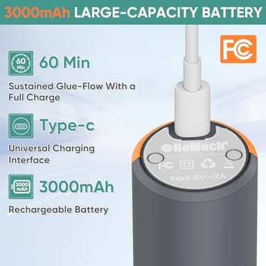 ROMECH Cordless Hot Glue Gun, Auto Dispensing Craft Glue Gun with 30 Pcs Glue Sticks, 3Ah Type-C Rechargeable Glue Gun Kit with Storage Case (Orange) - Image 2