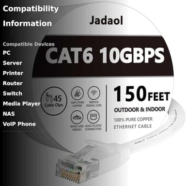 Jadaol Cat 6 Ethernet Cable 150ft (45.72m), Outdoor & Indoor, 10Gbps Support Cat 8 Cat 7 Network, Long Flat Internet Lan Patch Cord, Cat6 High Speed Weatherproof Cable for Router, Modem, Switch, White - Image 3