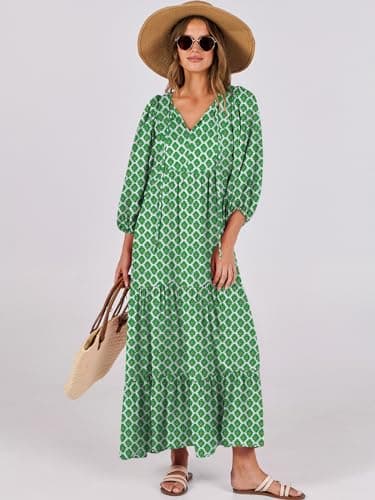 ANRABESS Womens Boho Maxi Dresses 2025 Summer V Neck Puff Sleeve Floral Flowy Swing Fall Casual Long Dress Light Green Medium - Image 7