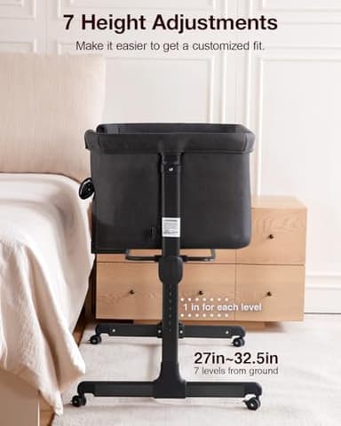 Larex Baby Bassinet, 3 in 1 Bassinets Bedside Sleeper for Newborn, Portable Crib Adjustable 7 Height Bedside Bassinet with Mattress and Wheels Dark Grey - Image 3