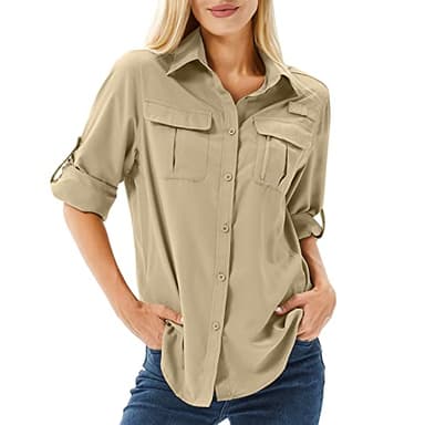 Toumett Women's UPF 50 Long Sleeve UV Sun Protection Safari Shirts Outdoor Quick Dry Fishing Hiking Travel Shirts(5071,Khaki,L) - Image 1