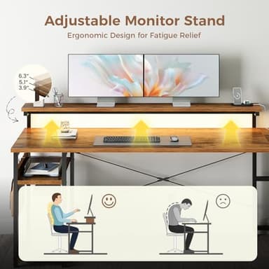 AODK 61" L Shaped Desk with Drawer, Computer Desk with Power Outlets & LED Lights, Reversible Corner Gaming Desks for Home Office Workstation, Office Table with Monitor Shelf, Vintage - Image 8