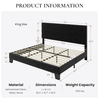 SHA CERLIN King Platform Bed Frame with Velvet Upholstered Headboard, Mattress Foundation with Strong Wooden Slats Support, No Box Spring Needed, Black - Image 2